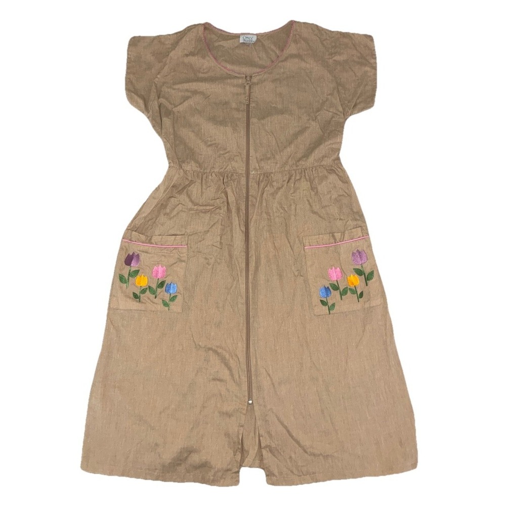 Only Necessities Dress M/L Tan Floral Embroidered Cottage Lagenlook *altered